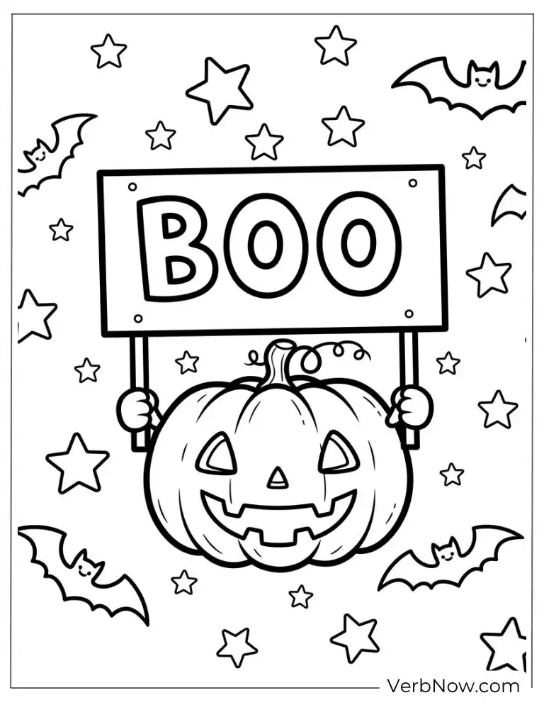 22 Fun Jack-o'-Lantern Coloring Pages (Printable PDF) Pumpkin holding a “BOO” sign with stars and bats around