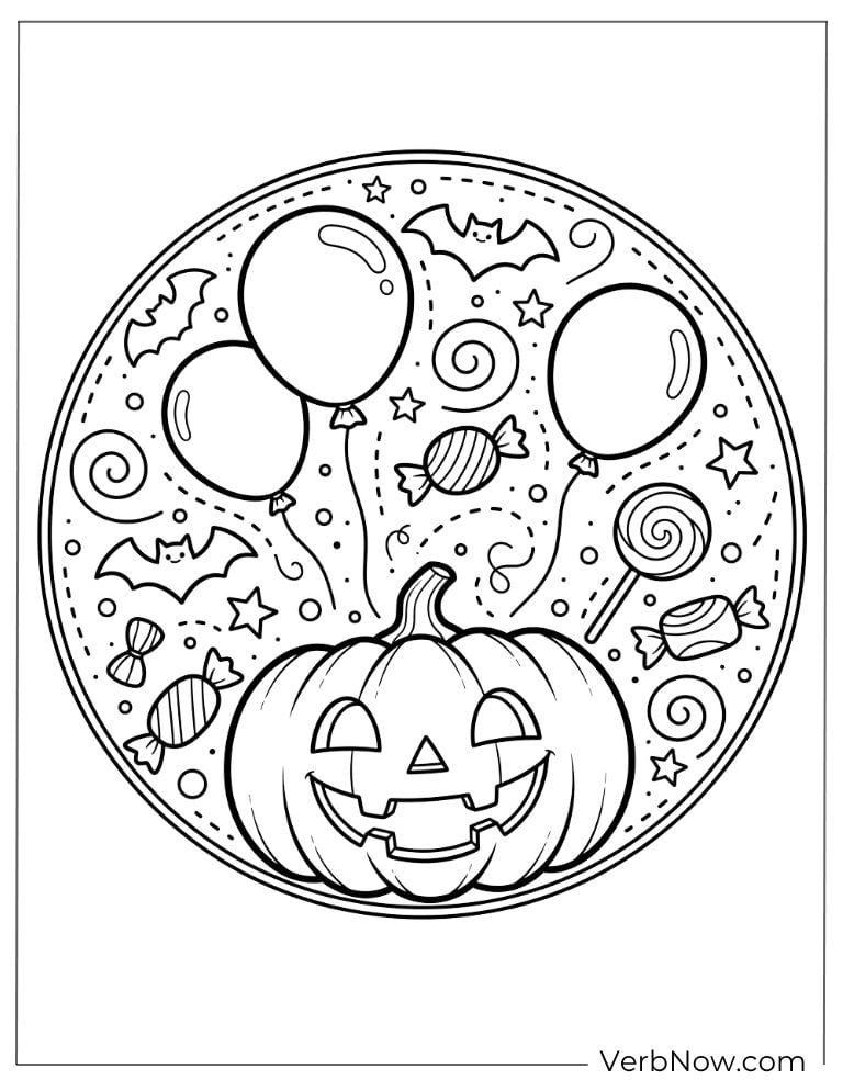 Jack-o’-lantern in a circle of balloons, candy, and stars