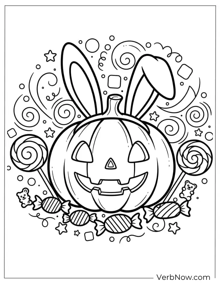 22 Fun Jack-o'-Lantern Coloring Pages (Printable PDF) Bunny-eared Jack-o’-lantern surrounded by sweets