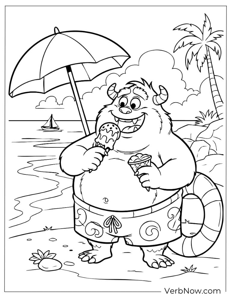 Cute monster enjoying ice cream at the beach
