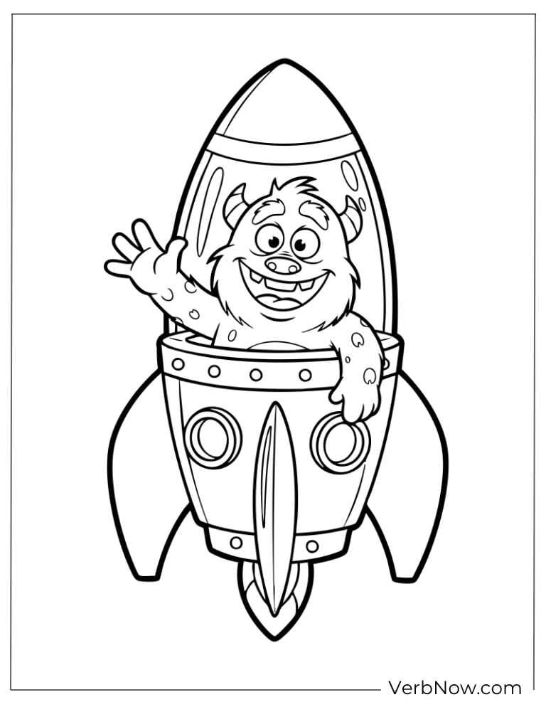Cheerful monster blasting off in a rocket ship