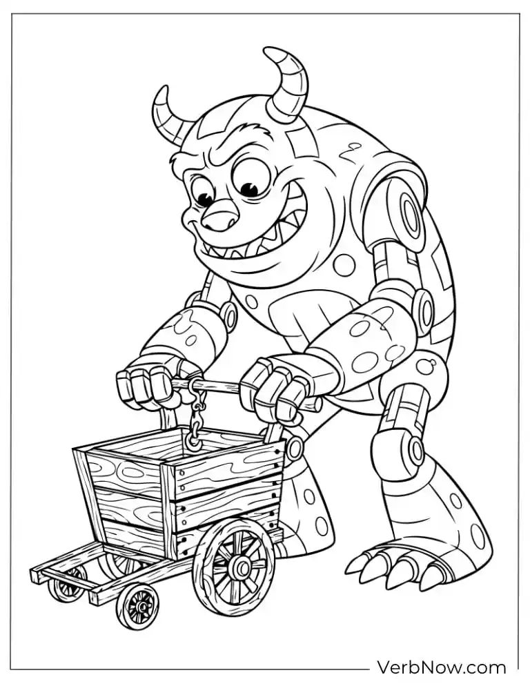 22 Free Monster Coloring Pages for Kids (100% Printable PDF) Smiling monster pulling a wagon full of toys