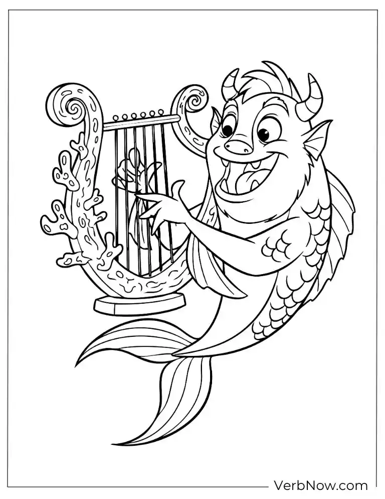22 Free Monster Coloring Pages for Kids (100% Printable PDF) Musical monster mermaid playing a magical harp