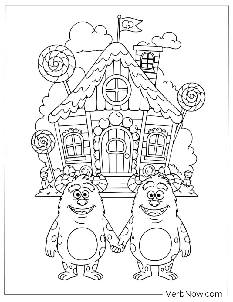 Adorable monster twins standing proudly in front of their house