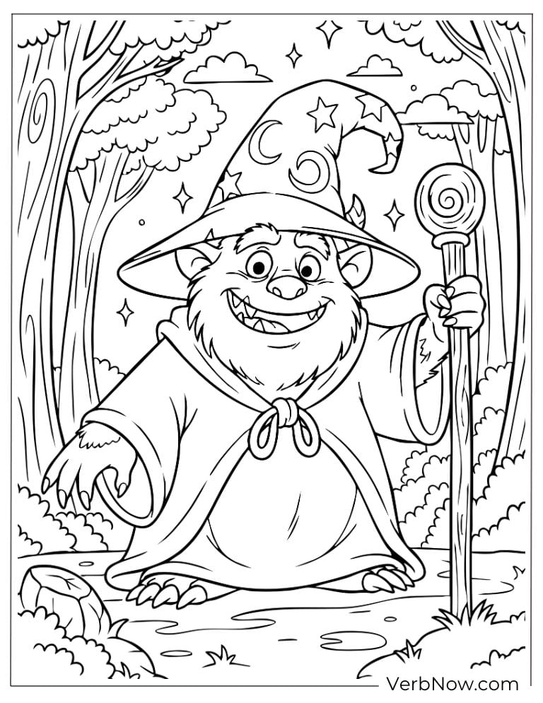 Funny monster dressed as a wizard casting a spell