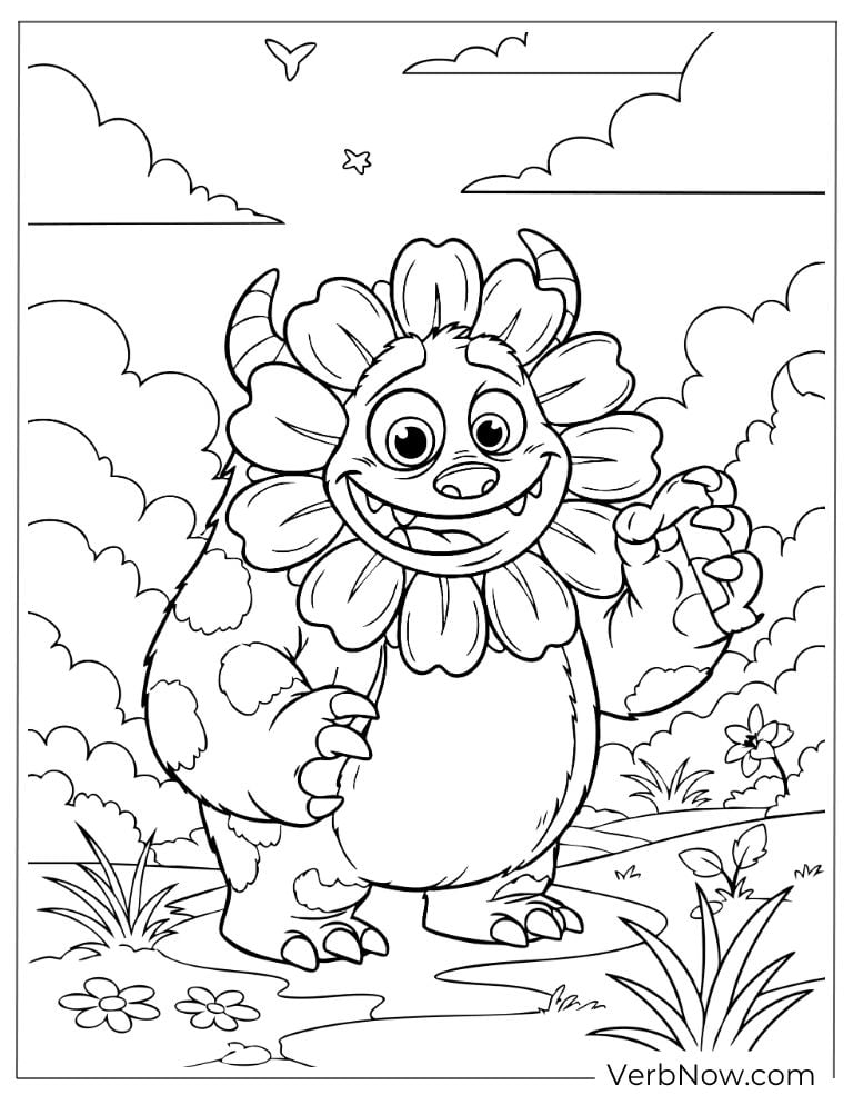 Adorable monster with a giant flower head smiling bright