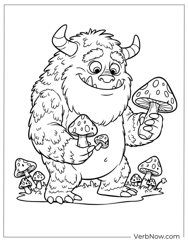 Happy monster holding a big mushroom in the forest