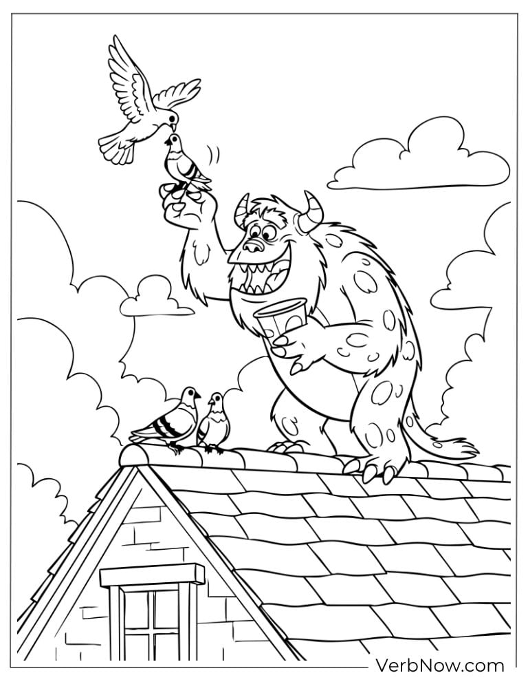 Silly monster playing with a bird on the rooftop
