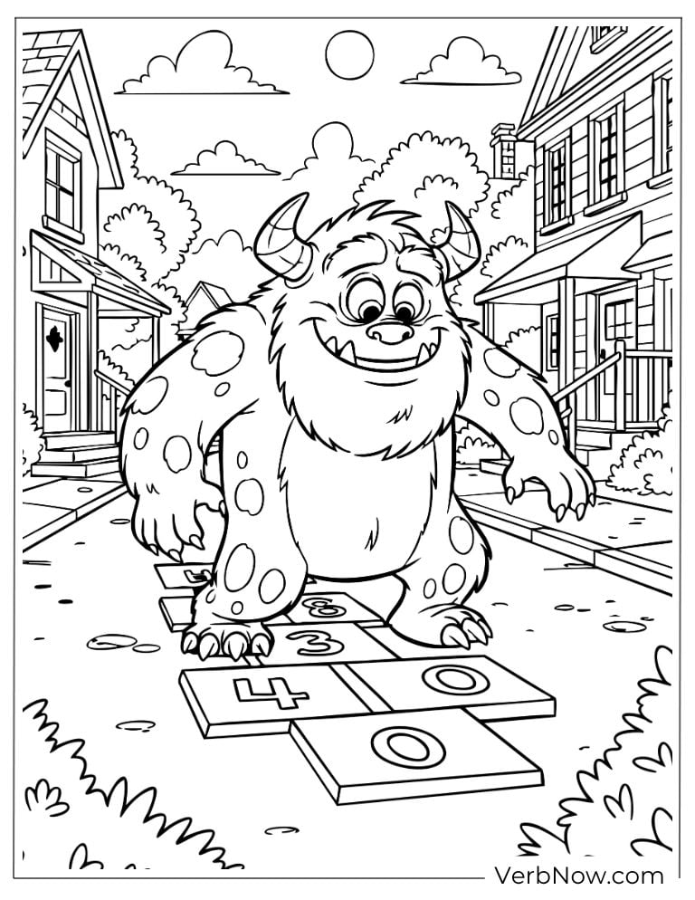Playful monster jumping on a hopscotch path