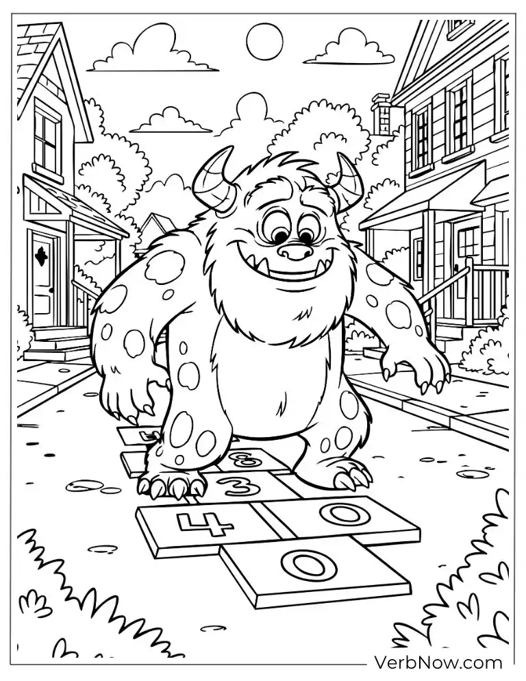 22 Free Monster Coloring Pages for Kids (100% Printable PDF) Playful monster jumping on a hopscotch path