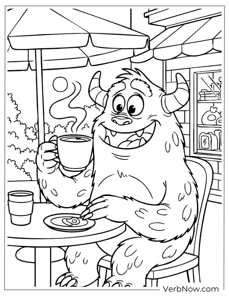 Friendly monster sipping coffee at a café