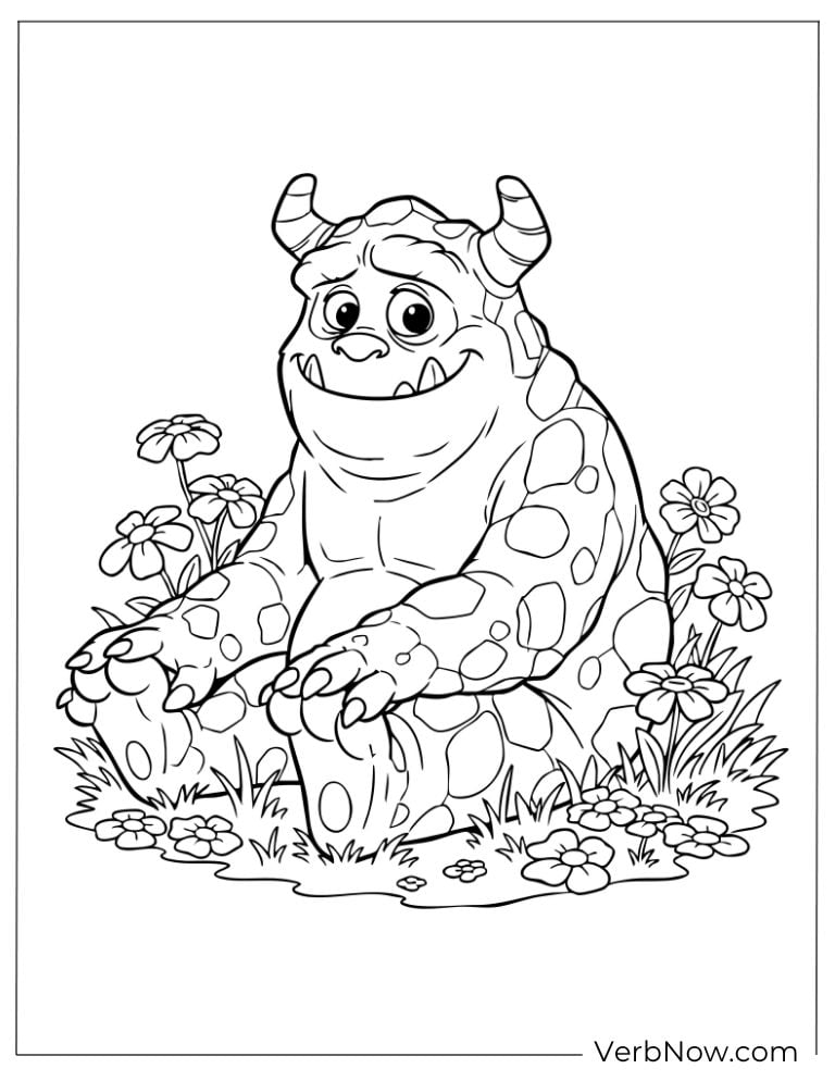 Cute monster relaxing among blooming flowers