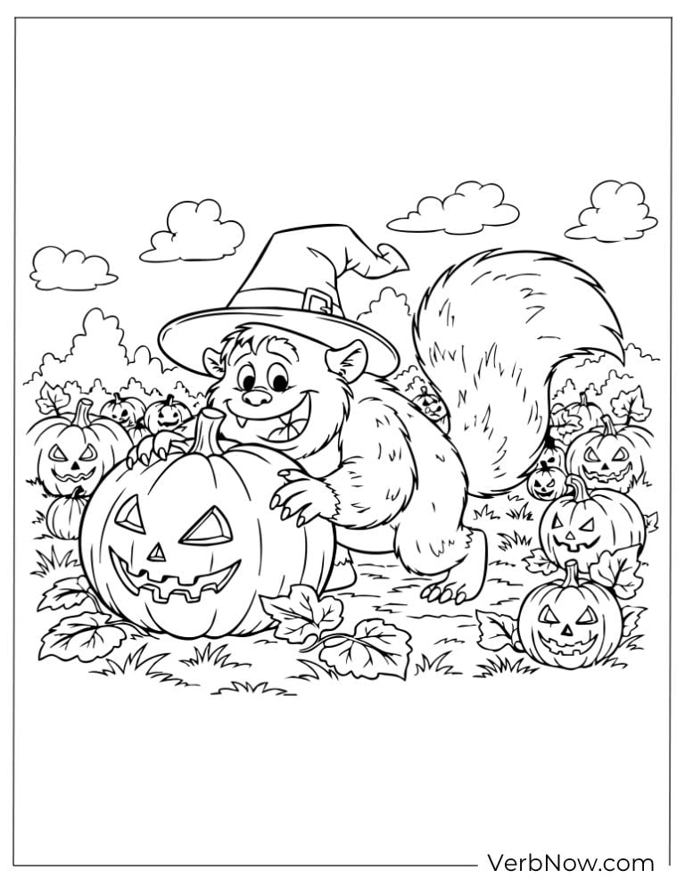 Happy monster celebrating Halloween with pumpkins