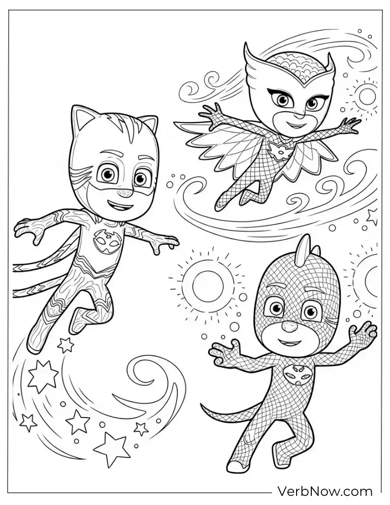 The PJ Masks team flying together with stars in the background