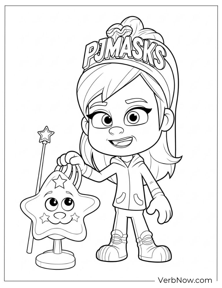 A girl holding a PJ Masks wand and smiling brightly
