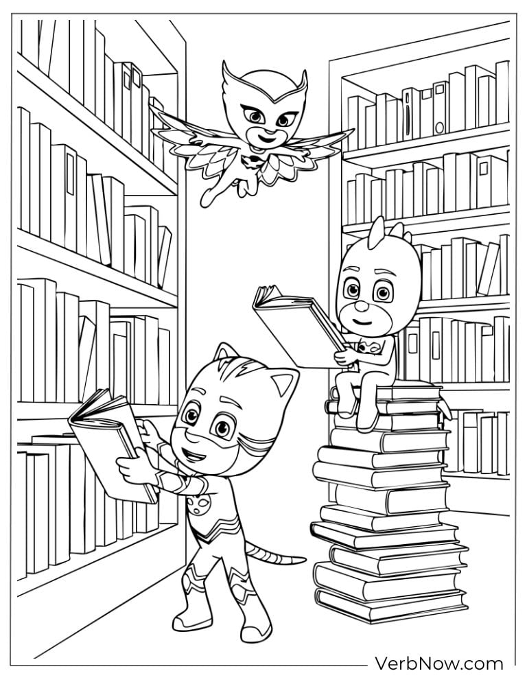 PJ Masks reading books and exploring a big library