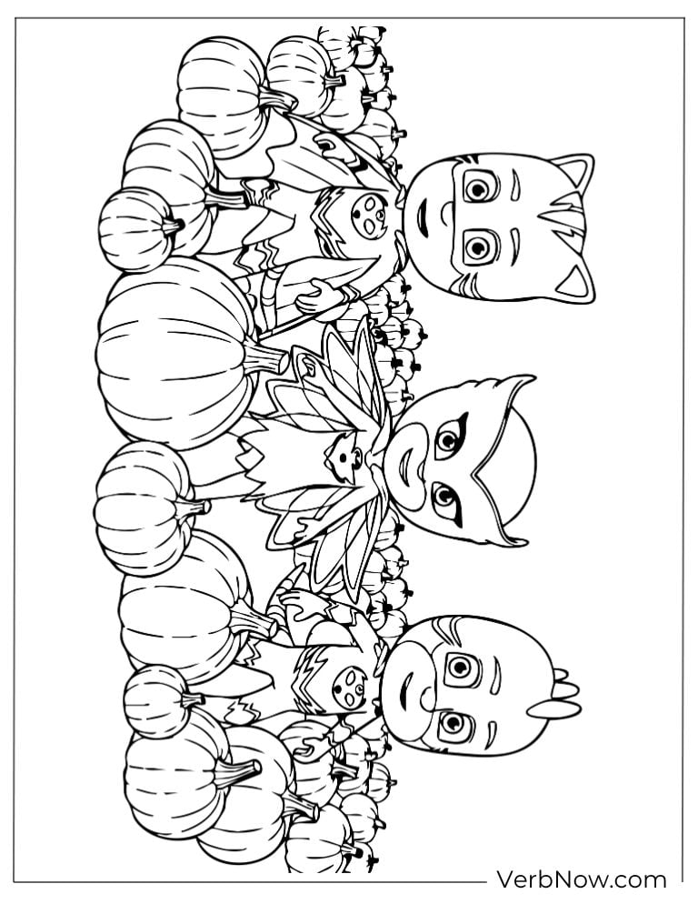 The PJ Masks heroes peeking out from a pile of pumpkins