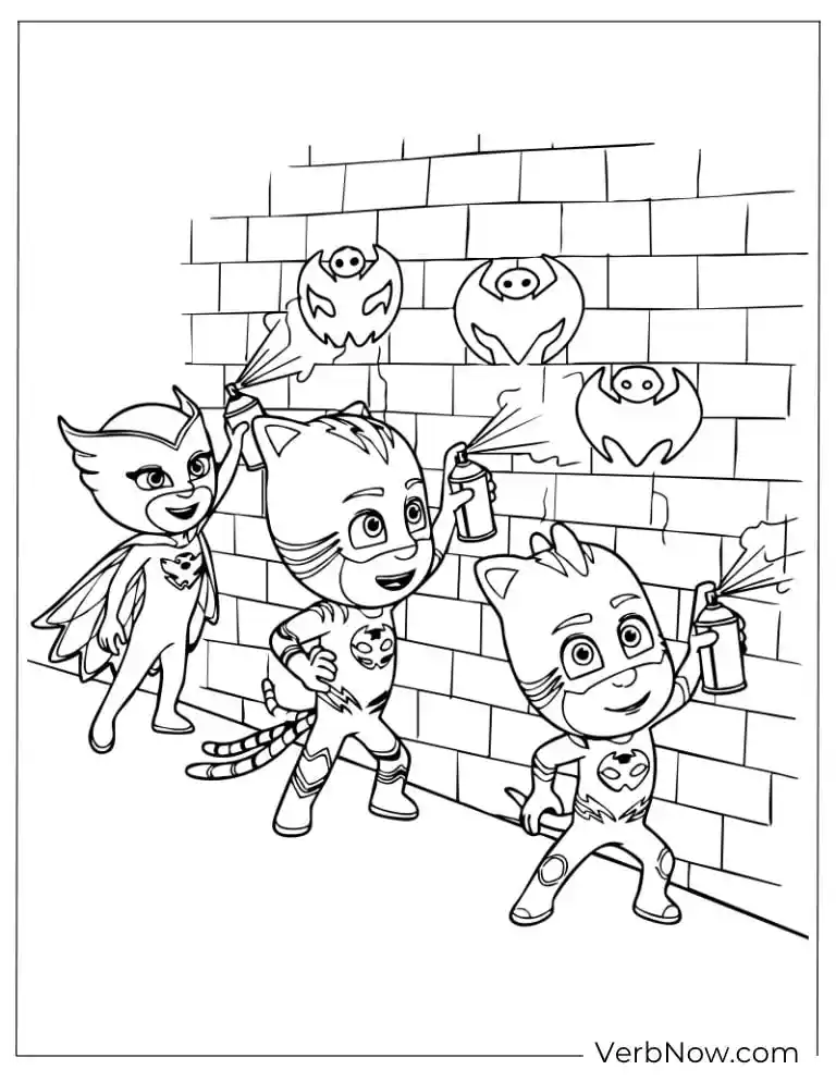 PJ Masks drawing on a brick wall with fun graffiti art