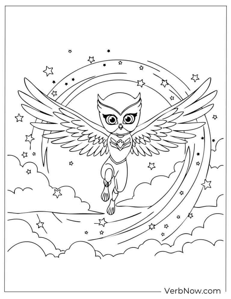 Owlette flying through the night sky with a full moon