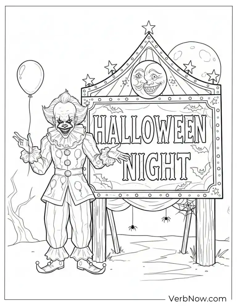 22 Free Pennywise Coloring Pages for Kids (100% Printable PDF) Pennywise standing beside a “Halloween Night” sign holding a balloon