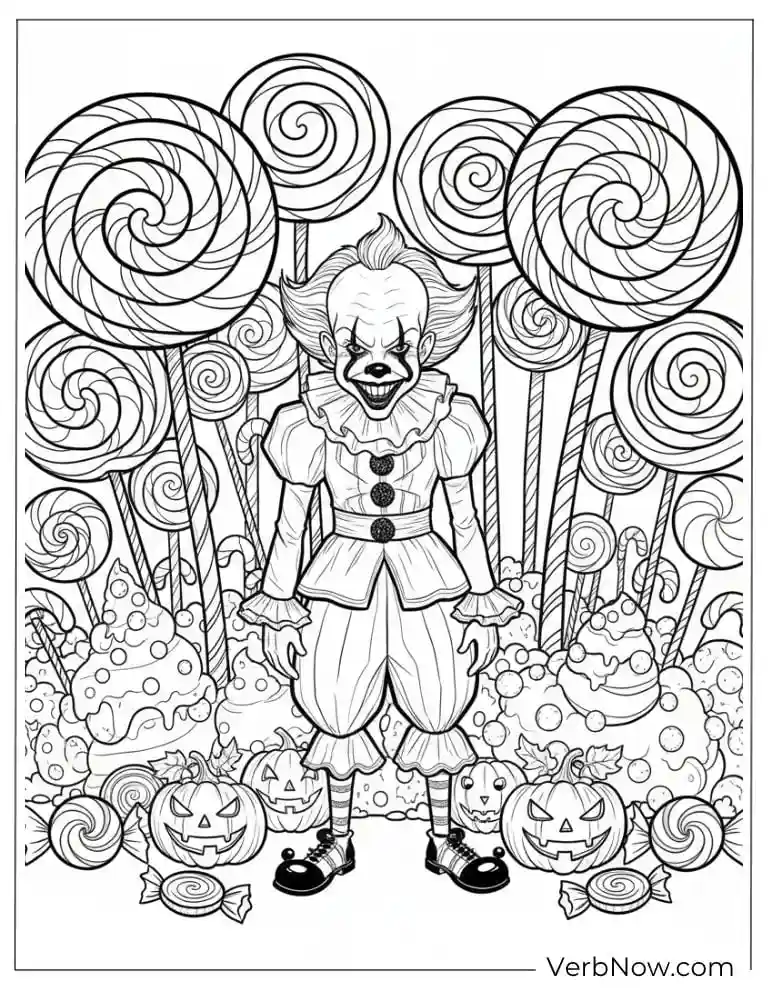 22 Free Pennywise Coloring Pages for Kids (100% Printable PDF) Pennywise surrounded by giant lollipops and pumpkins