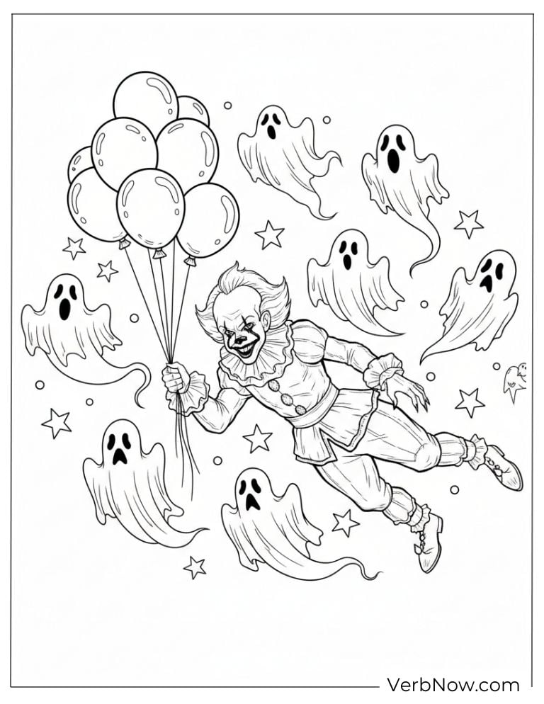 22 Free Pennywise Coloring Pages for Kids (100% Printable PDF) Pennywise floating with balloons and friendly ghosts