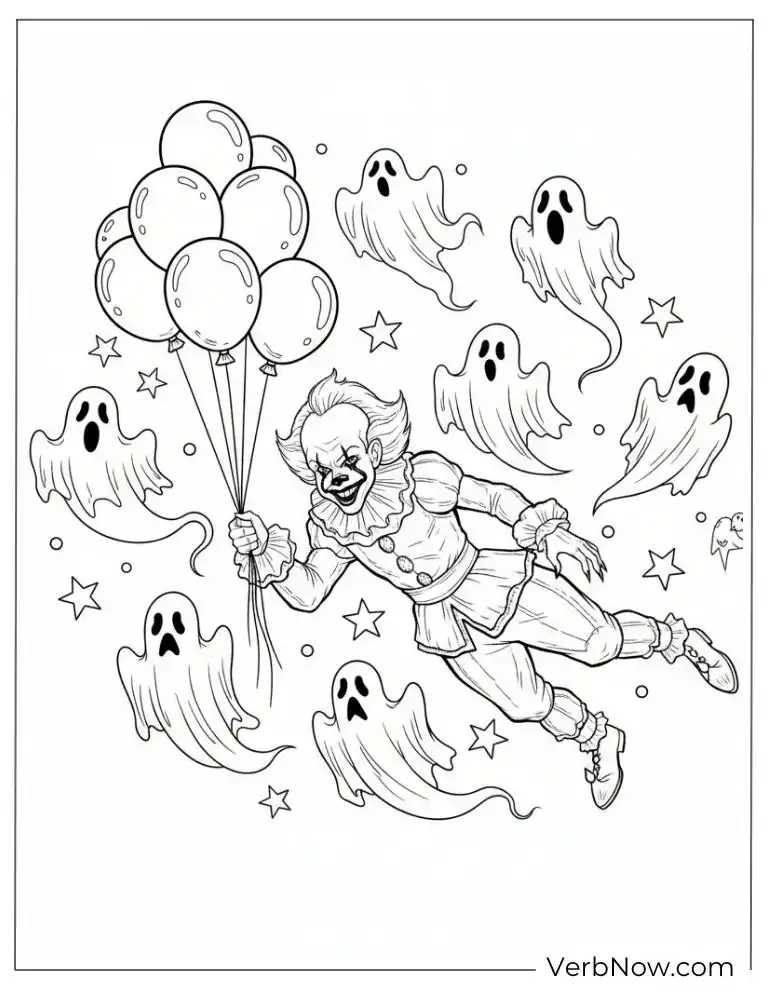 22 Free Pennywise Coloring Pages for Kids (100% Printable PDF) Pennywise floating with balloons and friendly ghosts