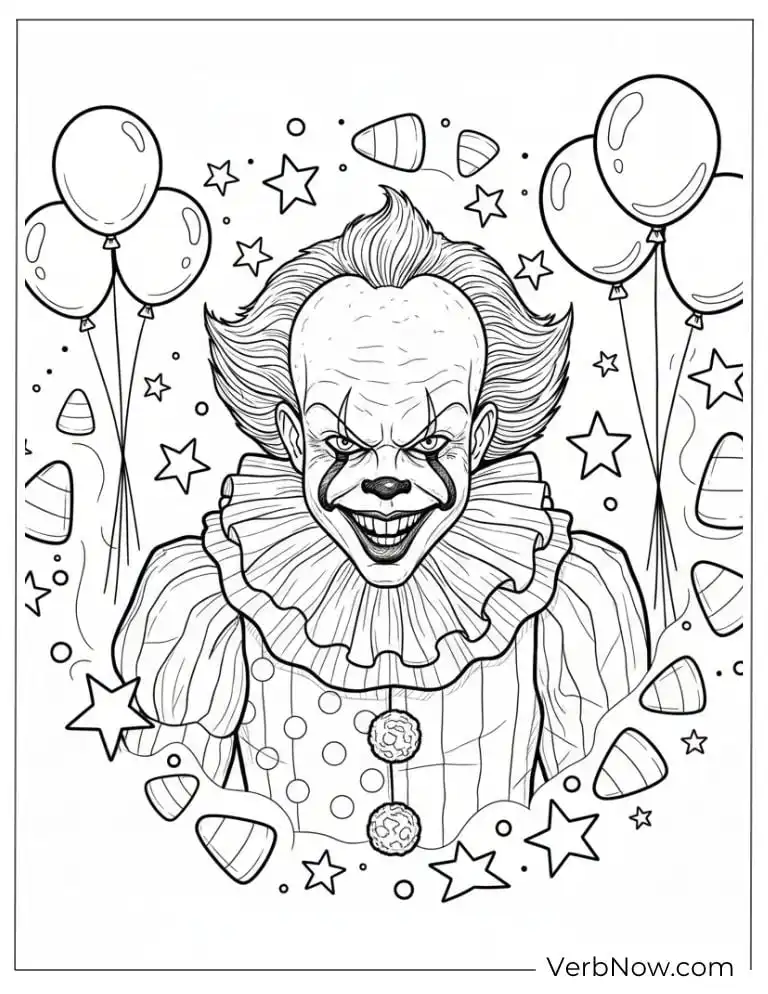 22 Free Pennywise Coloring Pages for Kids (100% Printable PDF) Pennywise grinning among balloons, candy, and stars