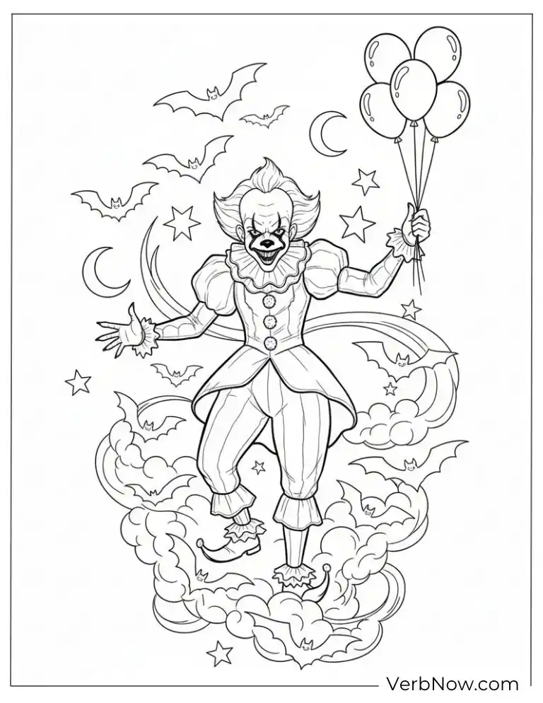 22 Free Pennywise Coloring Pages for Kids (100% Printable PDF) Pennywise floating in the night sky with bats and a moon