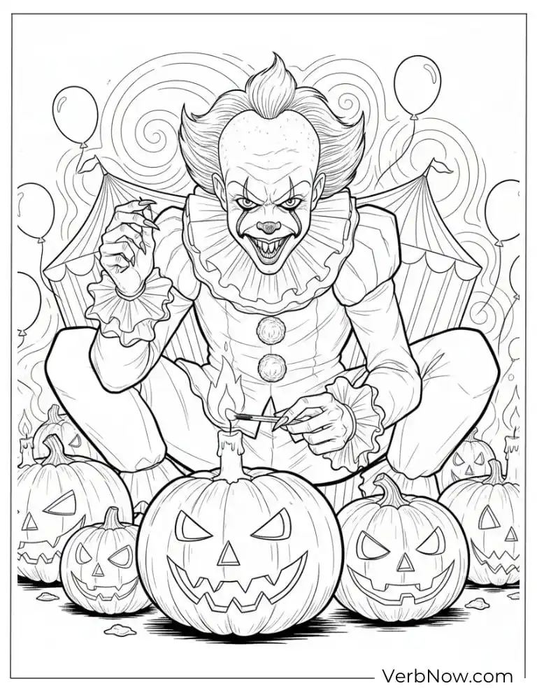 22 Free Pennywise Coloring Pages for Kids (100% Printable PDF) Pennywise crouching near pumpkins, ready to scare