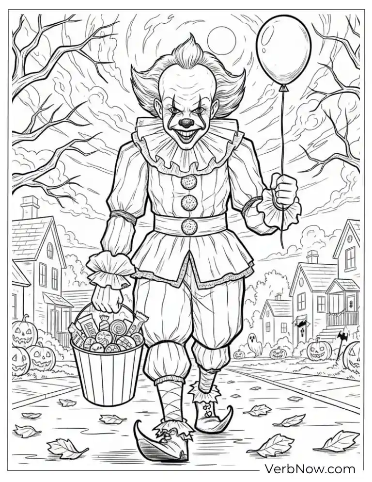 22 Free Pennywise Coloring Pages for Kids (100% Printable PDF) Pennywise walking down a spooky street with a candy bucket and balloon