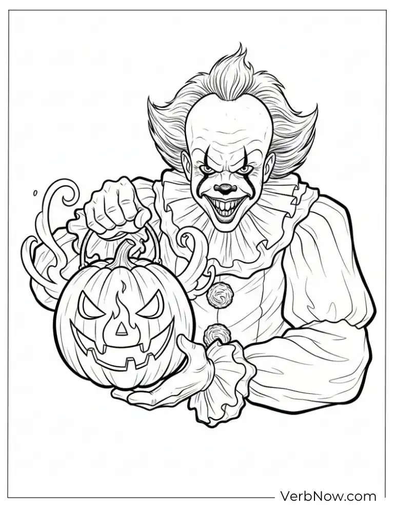 22 Free Pennywise Coloring Pages for Kids (100% Printable PDF) Pennywise holding a jack-o’-lantern with a creepy smile
