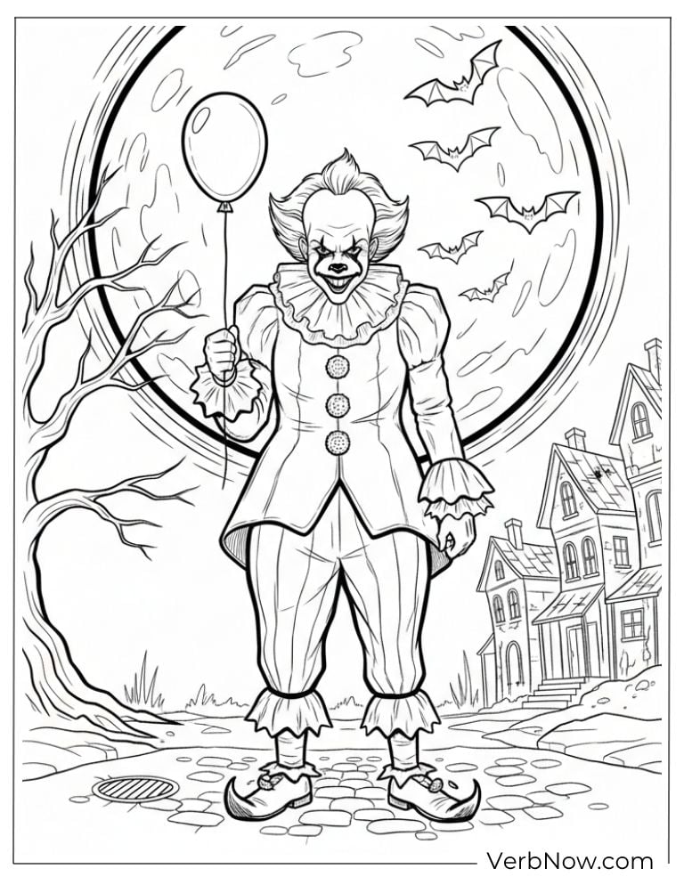 22 Free Pennywise Coloring Pages for Kids (100% Printable PDF) Pennywise standing under a full moon holding a balloon