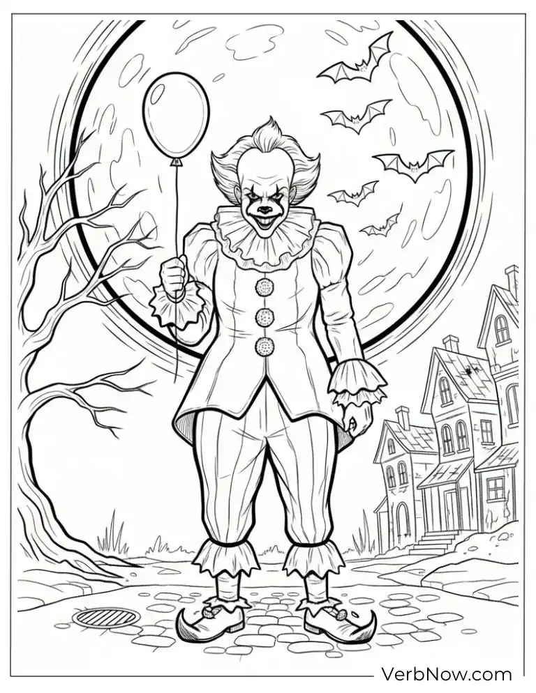 22 Free Pennywise Coloring Pages for Kids (100% Printable PDF) Pennywise standing under a full moon holding a balloon