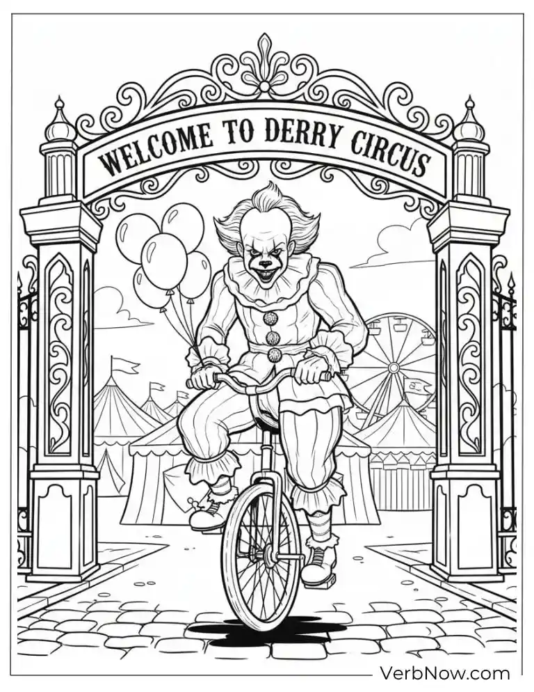 22 Free Pennywise Coloring Pages for Kids (100% Printable PDF) Pennywise riding a unicycle at the “Derry Circus” entrance