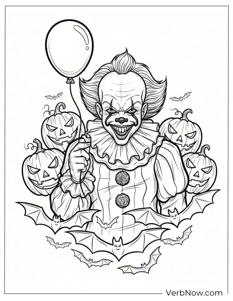 22 Free Pennywise Coloring Pages for Kids (100% Printable PDF) Pennywise smiling wickedly with pumpkins around him