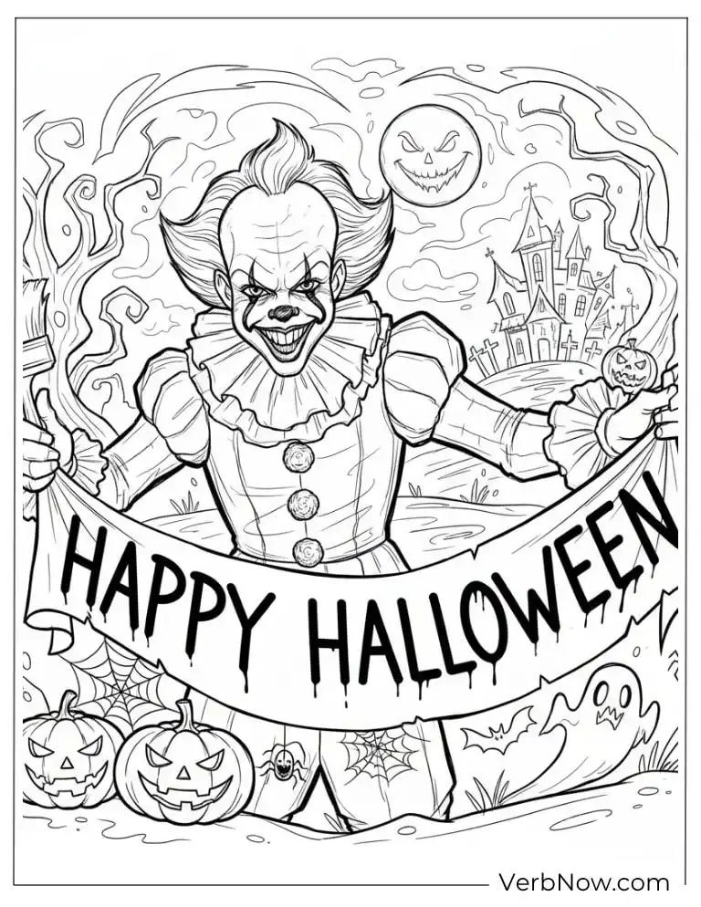 22 Free Pennywise Coloring Pages for Kids (100% Printable PDF) Pennywise spreading a large “Happy Halloween” banner