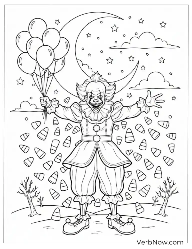 22 Free Pennywise Coloring Pages for Kids (100% Printable PDF) Pennywise floating with balloons under a crescent moon