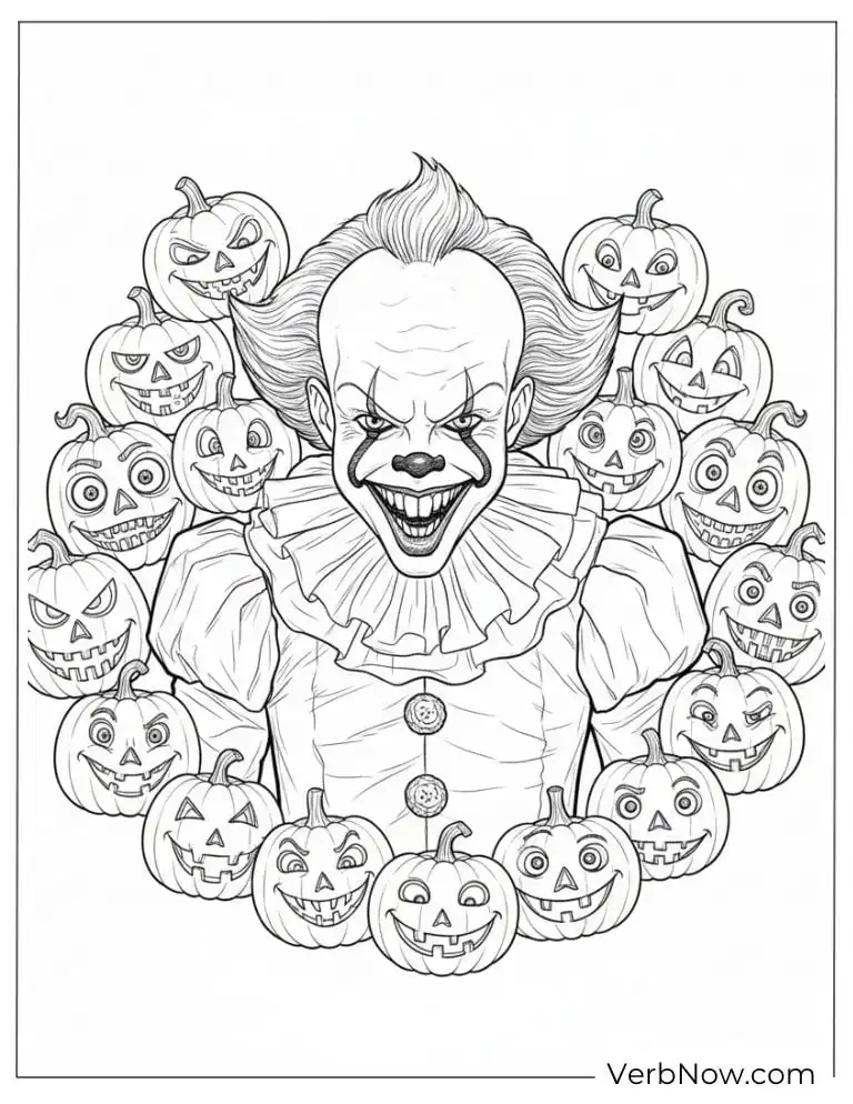 22 Free Pennywise Coloring Pages for Kids (100% Printable PDF) Creepy Pennywise surrounded by Halloween pumpkins