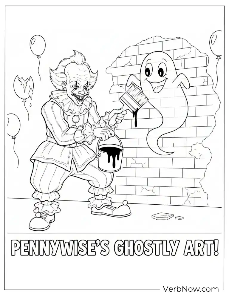 22 Free Pennywise Coloring Pages for Kids (100% Printable PDF) Pennywise painting a wall with ghostly art