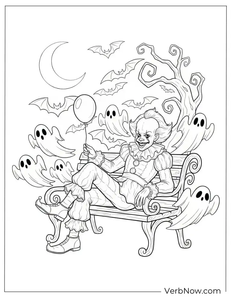 22 Free Pennywise Coloring Pages for Kids (100% Printable PDF) Pennywise sitting on a spooky bench with ghosts and bats