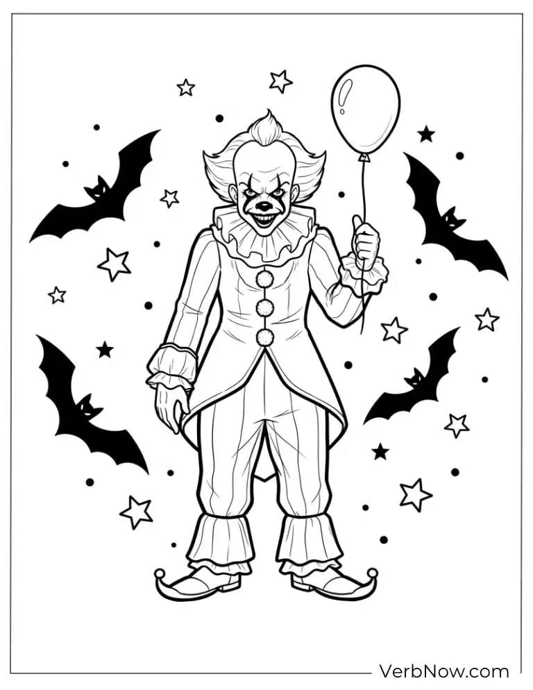 22 Free Pennywise Coloring Pages for Kids (100% Printable PDF) Pennywise holding a balloon among bats and stars