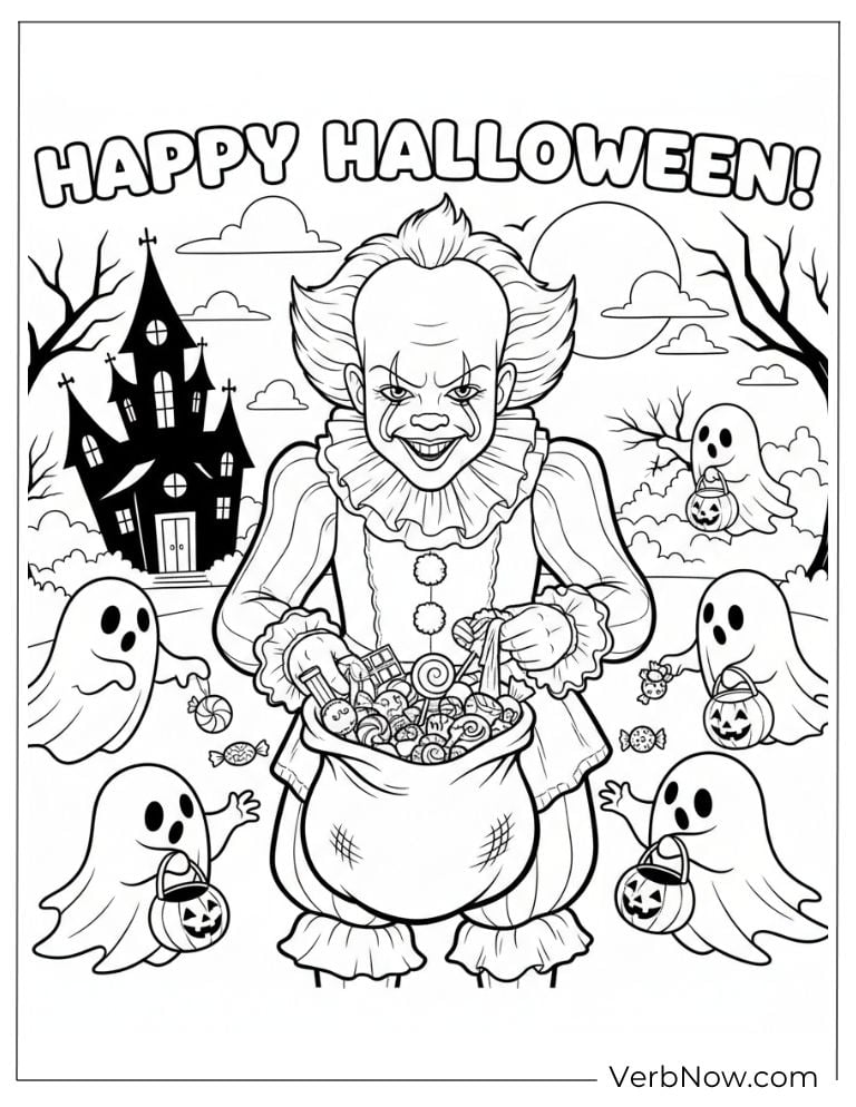 22 Free Pennywise Coloring Pages for Kids (100% Printable PDF) Pennywise with candy and ghosts, saying “Happy Halloween!”