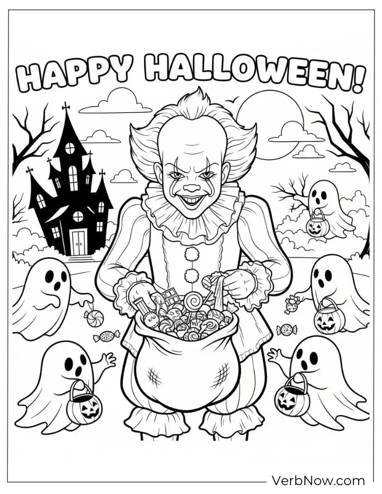 22 Free Pennywise Coloring Pages for Kids (100% Printable PDF) Pennywise with candy and ghosts, saying “Happy Halloween!”