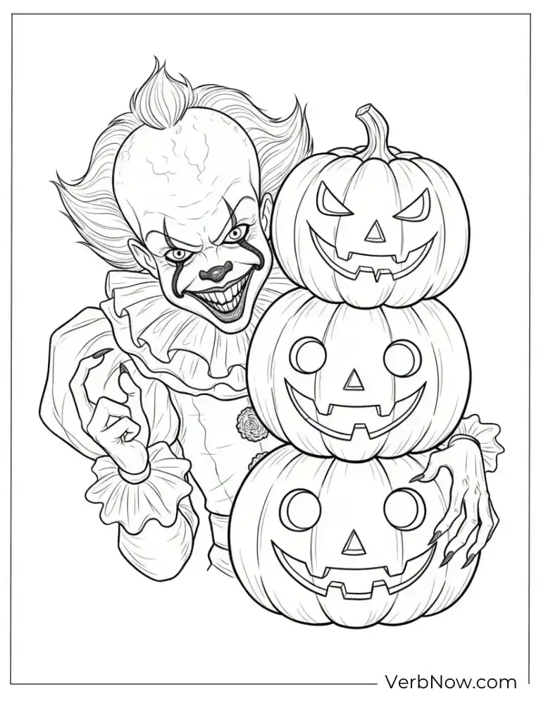 22 Free Pennywise Coloring Pages for Kids (100% Printable PDF) Pennywise hiding behind a stack of carved pumpkins