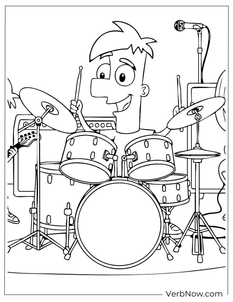 Phineas plays drums happily on stage