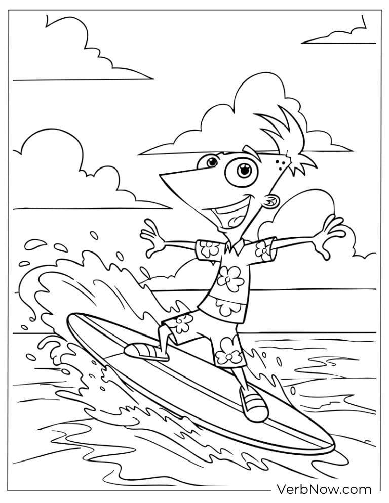 Phineas surfs happily on a big ocean wave