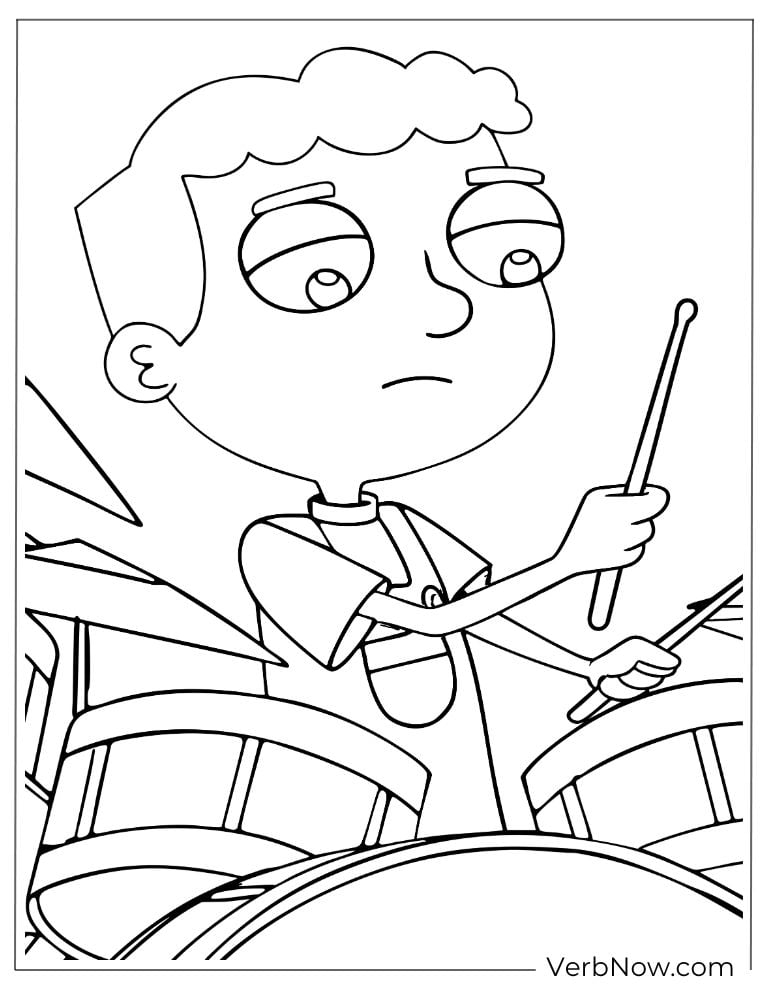 Ferb plays the drums with a serious face