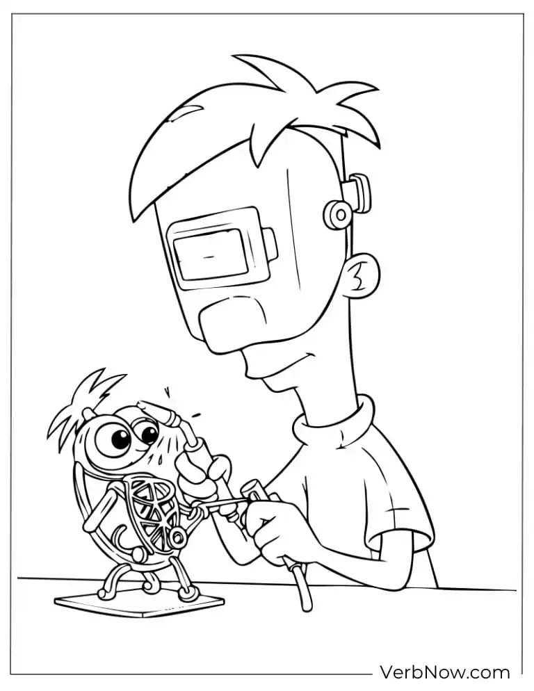 22 Free Phineas and Ferb Coloring Pages (100% Printable PDF) Phineas works on a new gadget with Perry beside him