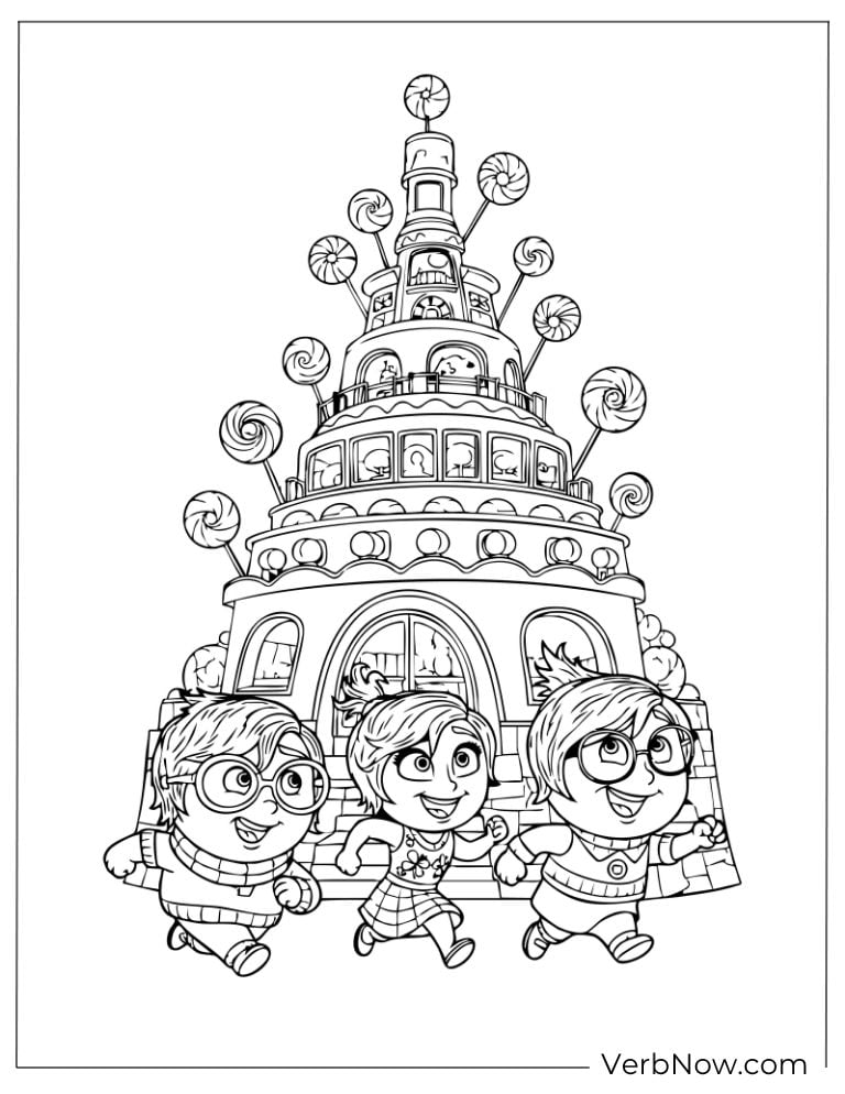Inside Out stand in front of a tall, glowing tower